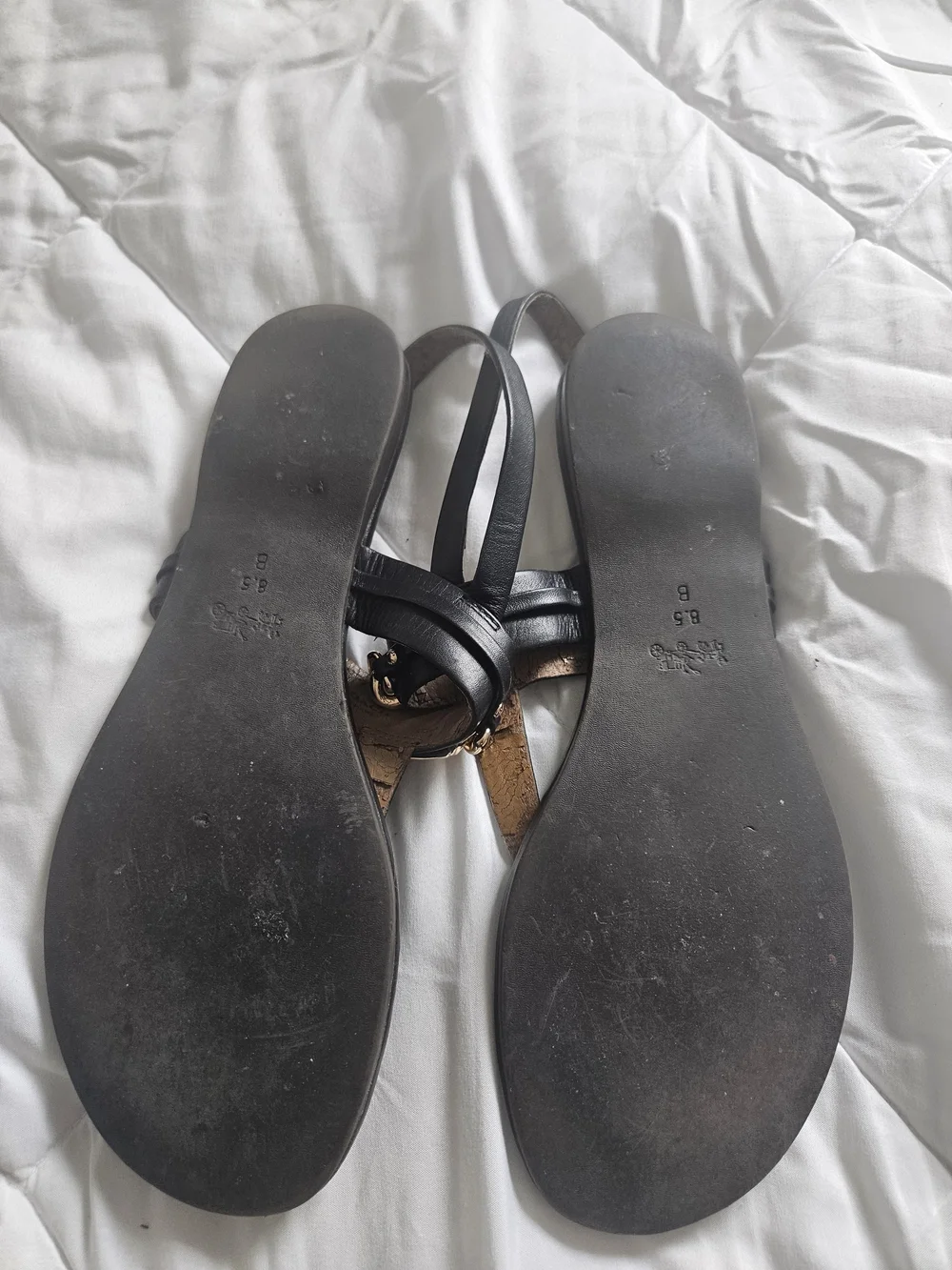 Coach Black Leather T-Strap Sandals with Gold Hardware